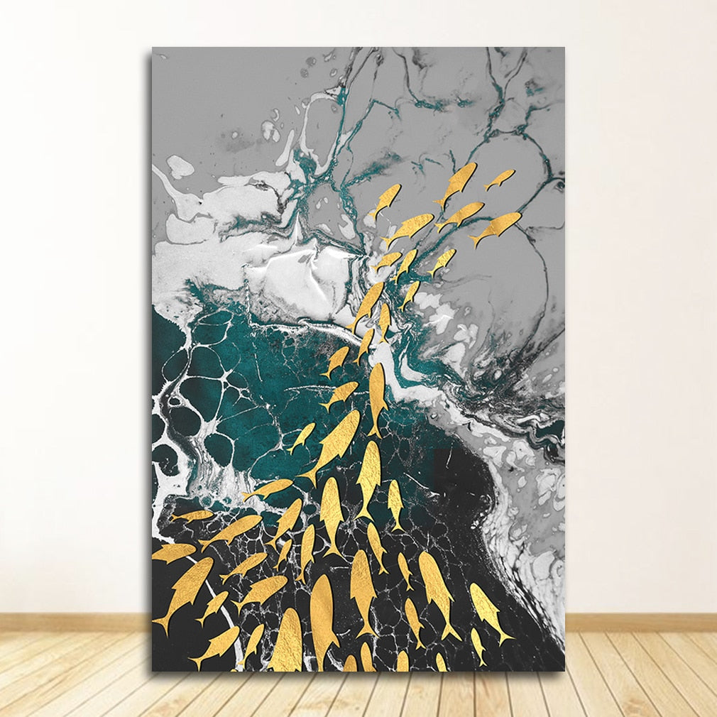 Golden Fish and Bird Canvas Art