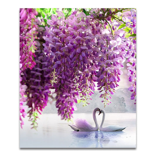 Purple Flower Tree Swan Lake Landscape Canvas Art