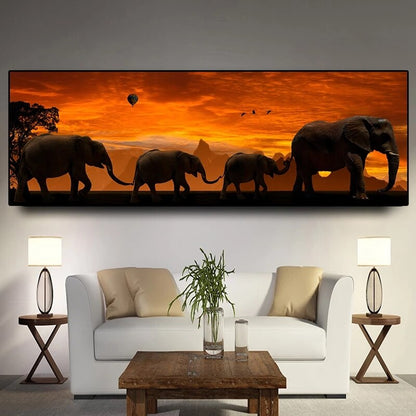 Elephant Family Panoramic Canvas Art