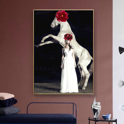 Woman and Horse Wearing Safflower Canvas Art