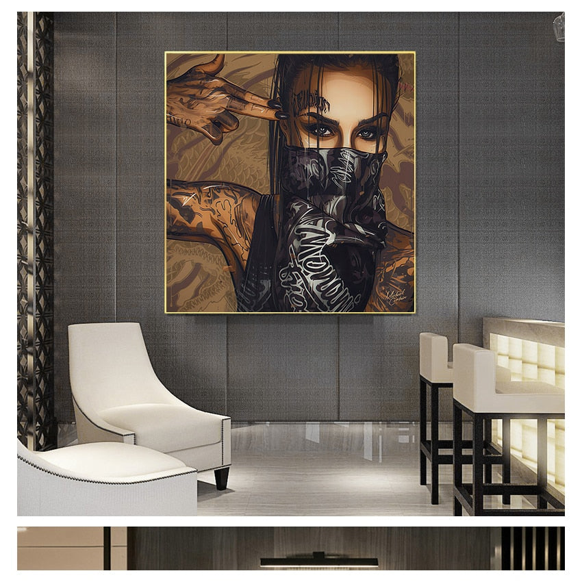 Mask Tattoo Girl Portrait Canvas Art