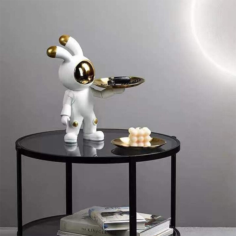 Gold Silver Astronaut Rabbit Tray Statue