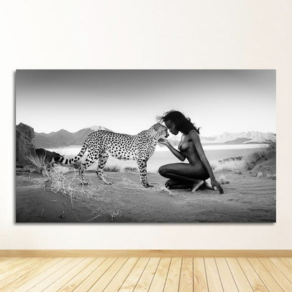 Black and White Snow Leopard with Nude Woman Canvas Art