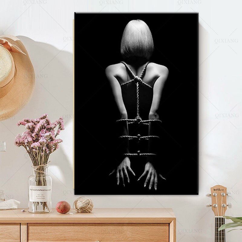 Black and White Nude Woman Bondage Canvas Art