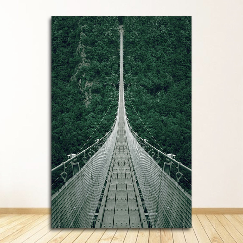 Forest Waterfall Bridge Landscape Canvas Art