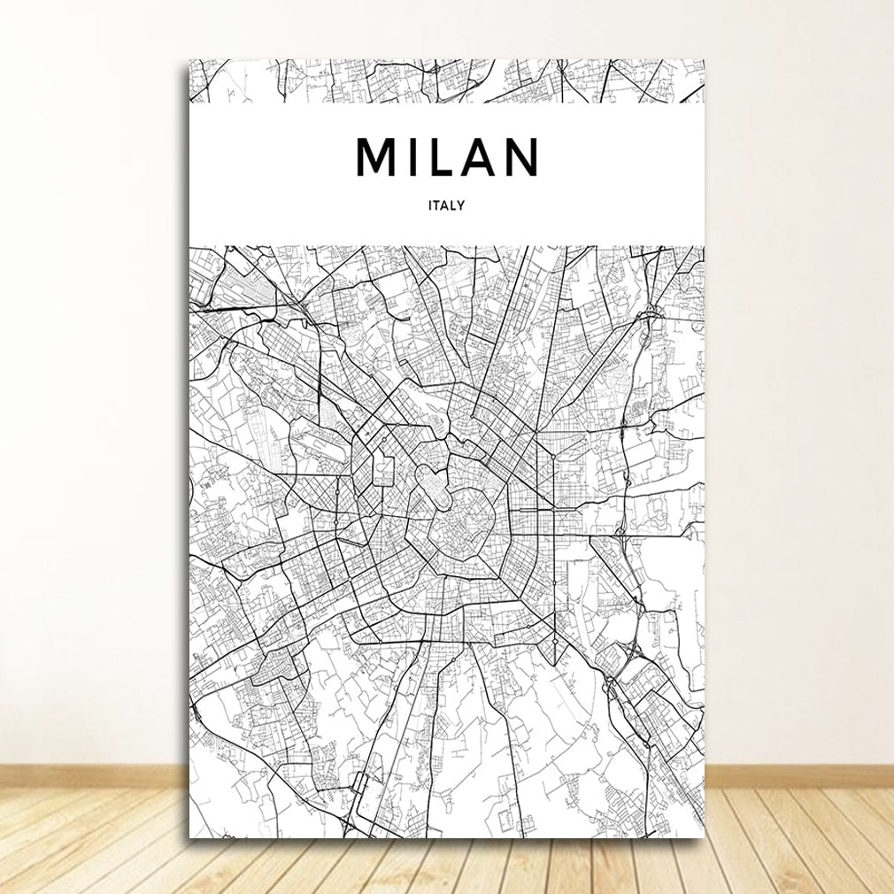 Black and White World City Map Wall Art Canvas