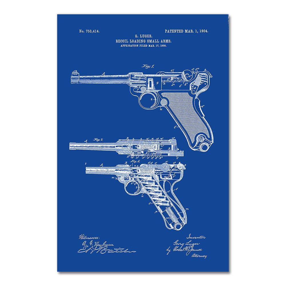 Gun Luger Pistol Patent Blueprint Canvas Art