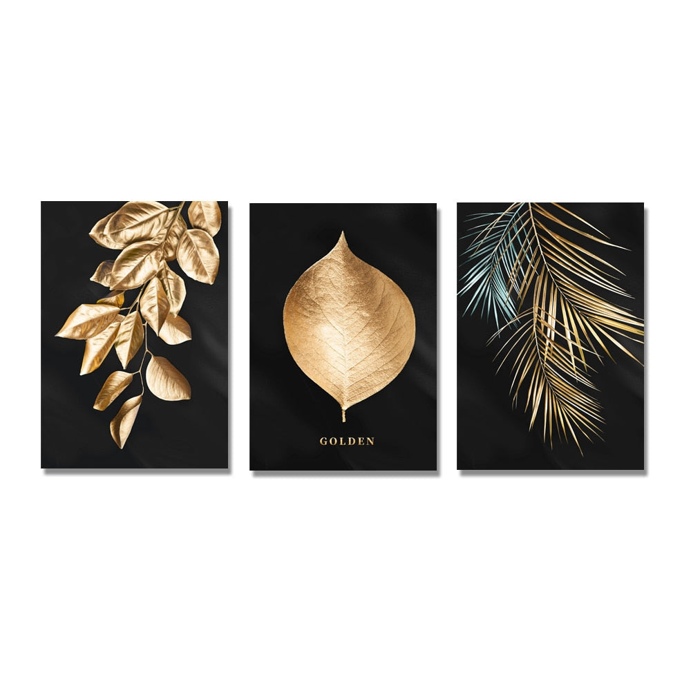 Gold Black Leaf Canvas Art