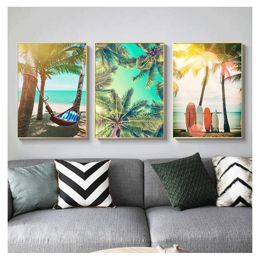 Beach Surfboard Coconut Tree Hammock Canvas Art