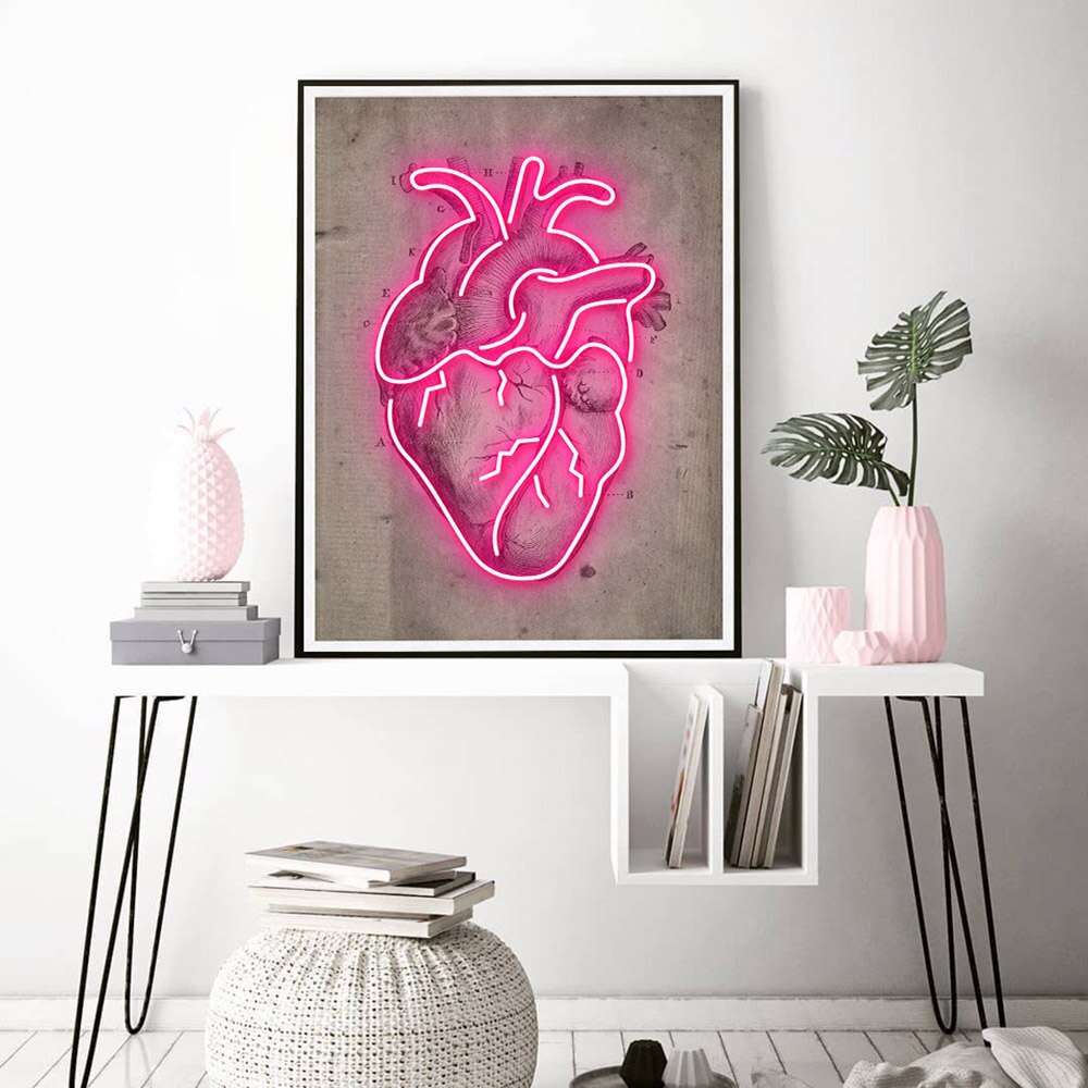 Neon Heart Skeleton Vintage Canvas Art