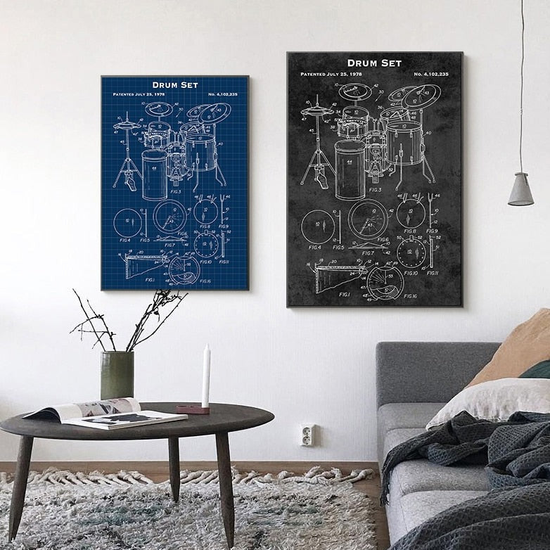 Drum Set Music Instrument Patent Blueprint Canvas Art