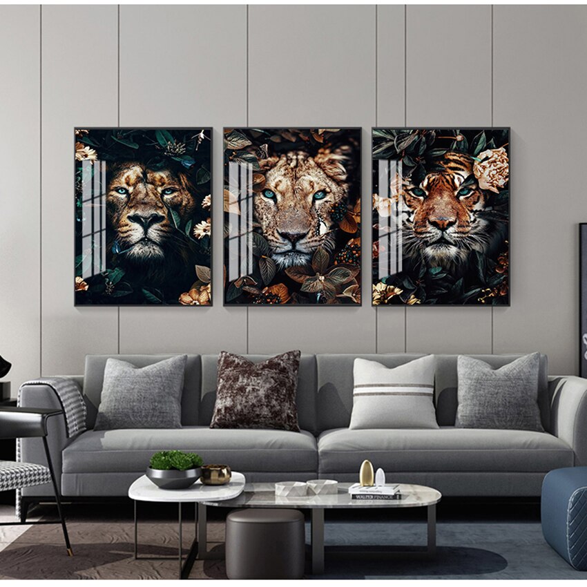 Lion Tiger in Flowers Canvas Art