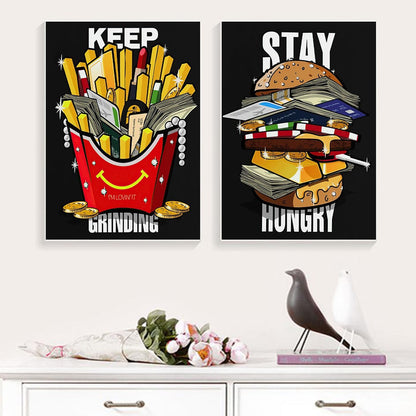 Stay Hungry And Keep Grinding Burger and Fries Motivational Canvas Art