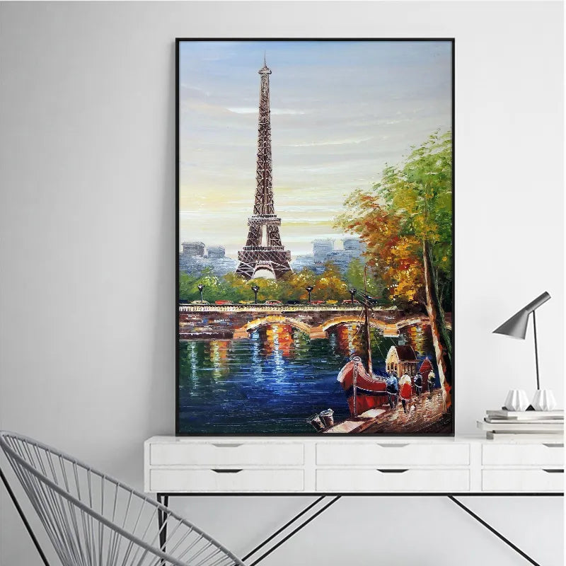 Paris Tower Seine River Oil Painting Wall Art Canvas