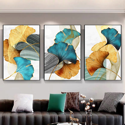 Blue Yellow Gold Leaf Abstract Canvas Art