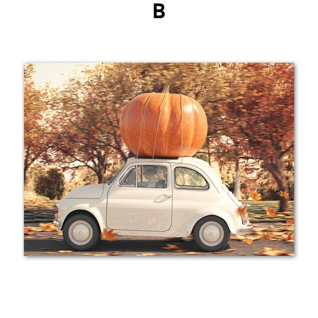 Autumn Pumpkin Car Canvas Art