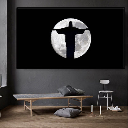 Jesus Christ Silhouette Over Full Moon Canvas Art