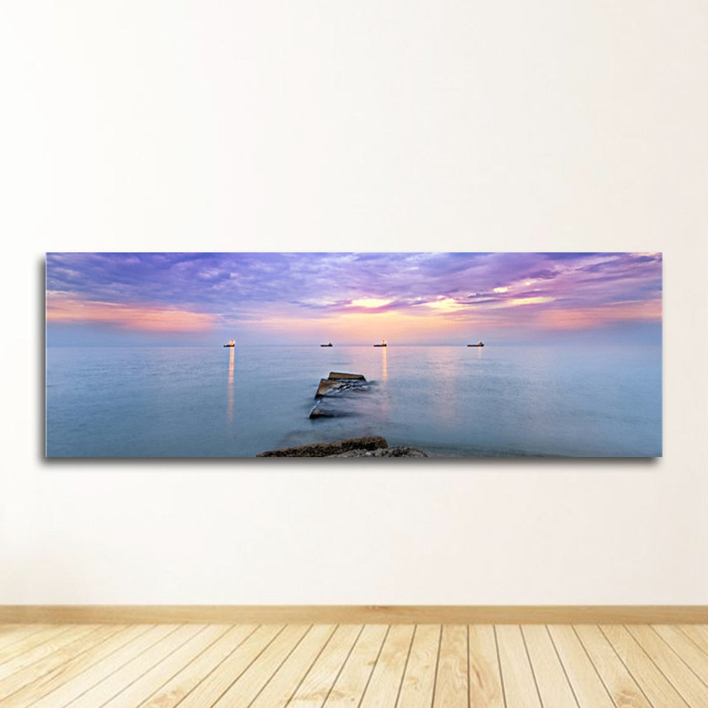 Panorama Sunsets Natural Sea Beach Landscape Canvas Art