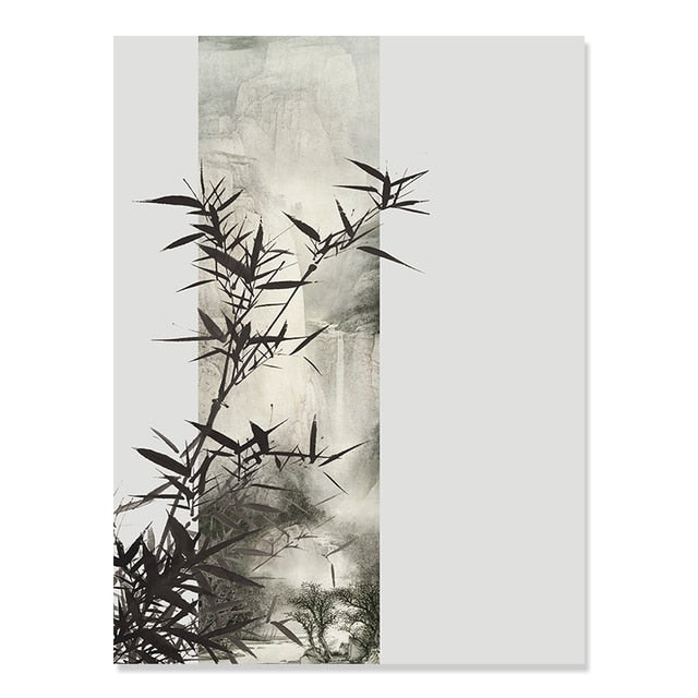 Waterfall Bamboo Leaves Zen Canvas Art