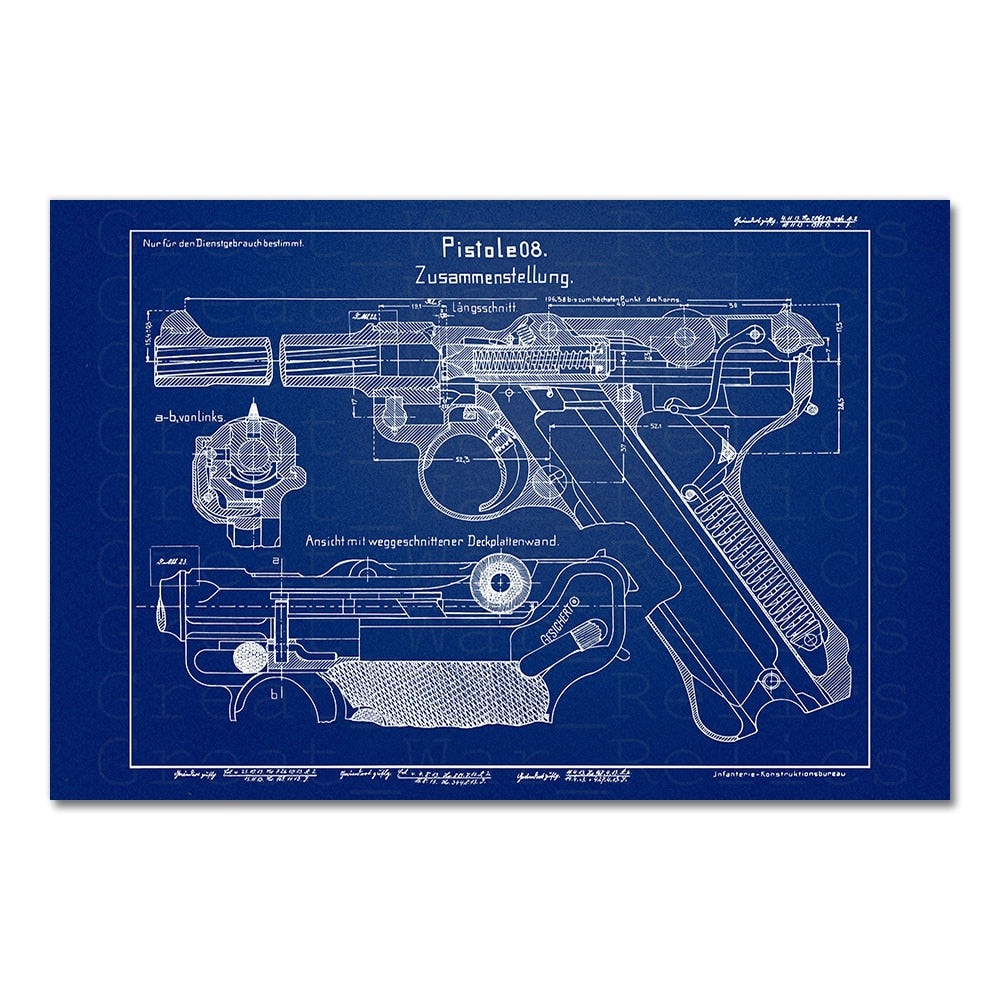 Gun Luger Pistol Patent Blueprint Canvas Art