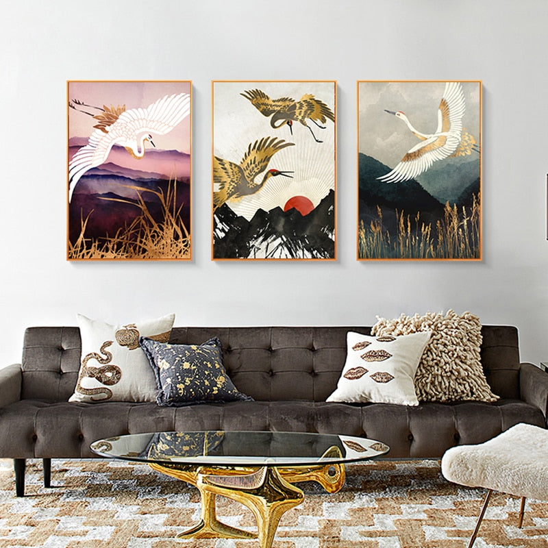 Flying Golden Crane Mountain Canvas Art