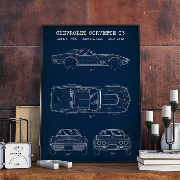 Chevrolet Corvette C3 Blueprint Car Canvas Art