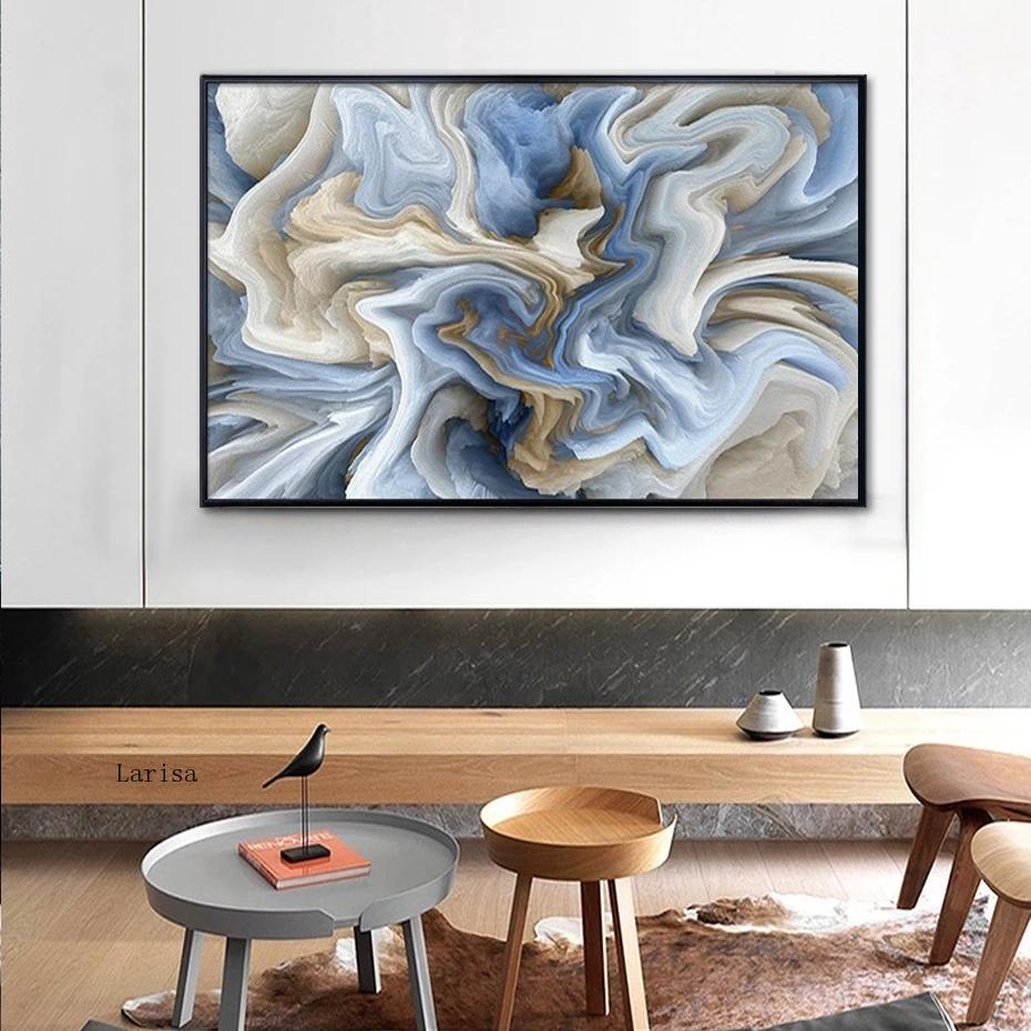 Beige Blue Abstract Marble Texture Canvas Art