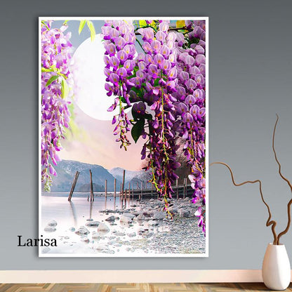 Purple Flower Tree Swan Lake Landscape Canvas Art