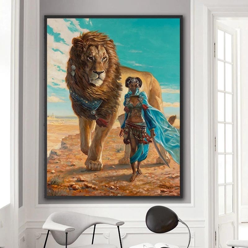 African Woman With Lion Canvas Art