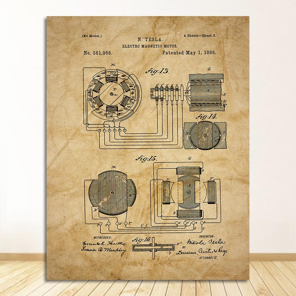 Nikola Tesla Motor Patent Blueprint Canvas Art