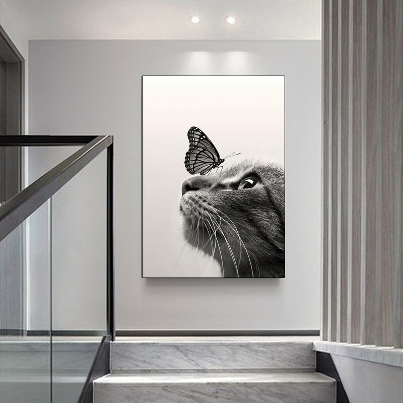 Black and White Cat Butterfly Canvas Art