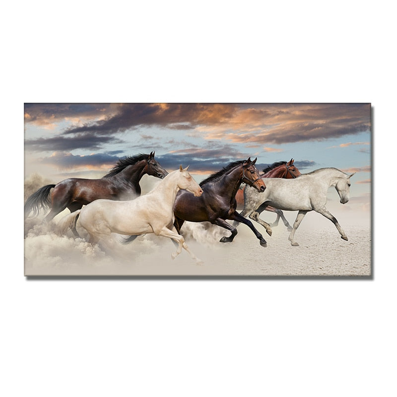 Seven Running White Horse Gold Wall Art Canvas