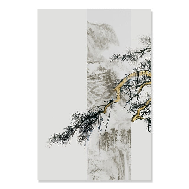 Waterfall Bamboo Leaves Zen Canvas Art