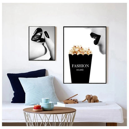 Black and White Sexy Lips Popcorn Canvas Art