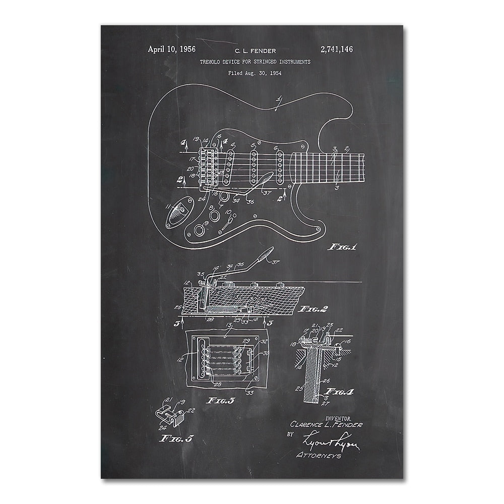 Electric Guitar Fender Tremolo Blueprint Canvas Art