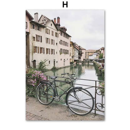 Old Town Street Small River Canvas Art