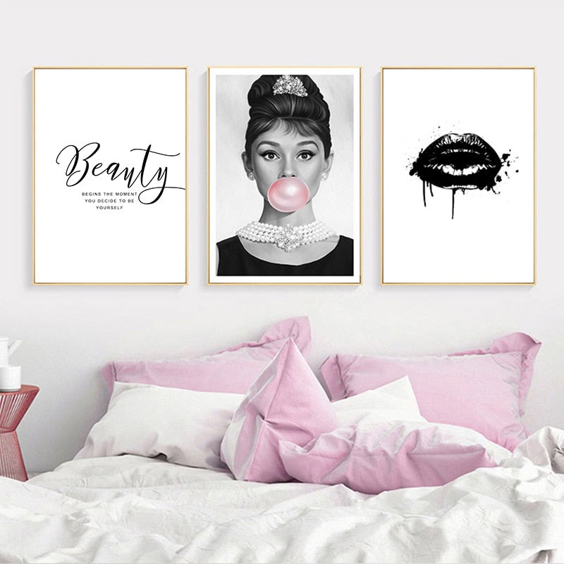 Black White Pop Audrey Hepburn Bubble Art Canvas