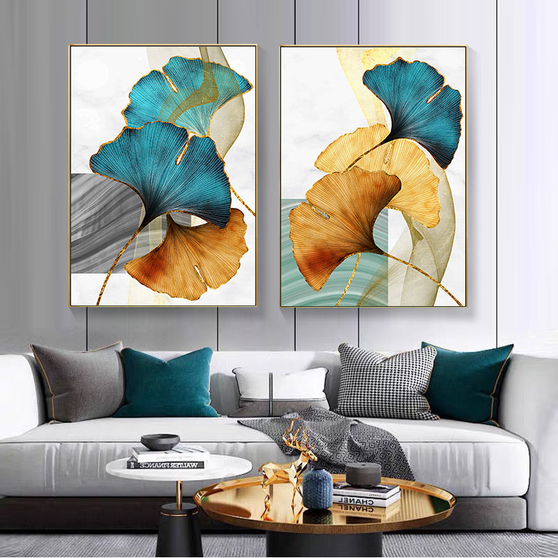 Blue Yellow Gold Leaf Abstract Canvas Art