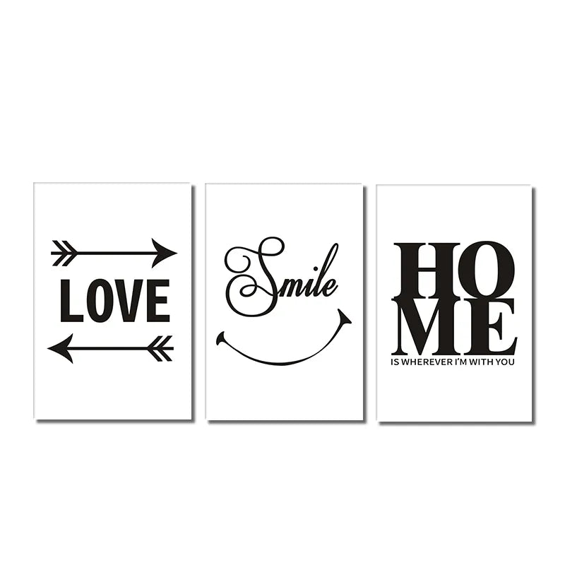 Black and White Home Love Smile Wall Art Canvas