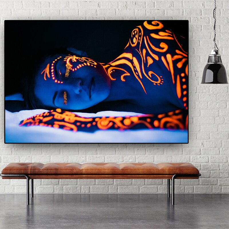 Woman Colorful Fluorescent Painted Body Canvas Art