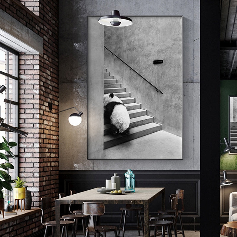 Black and White Animal On The Stairs Canvas Art