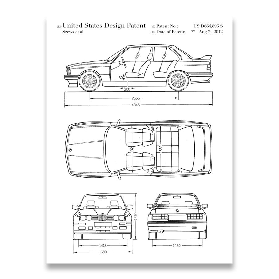 BMW E30 M3 Car Blueprint Canvas Art