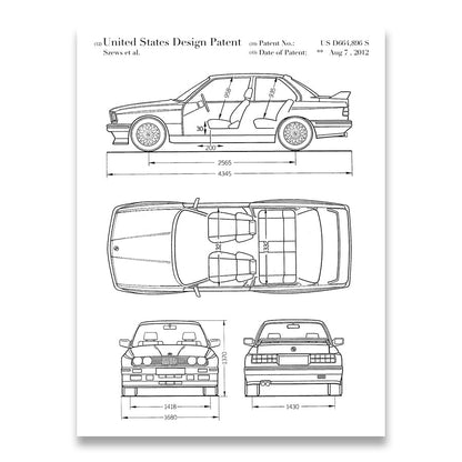 BMW E30 M3 Car Blueprint Canvas Art