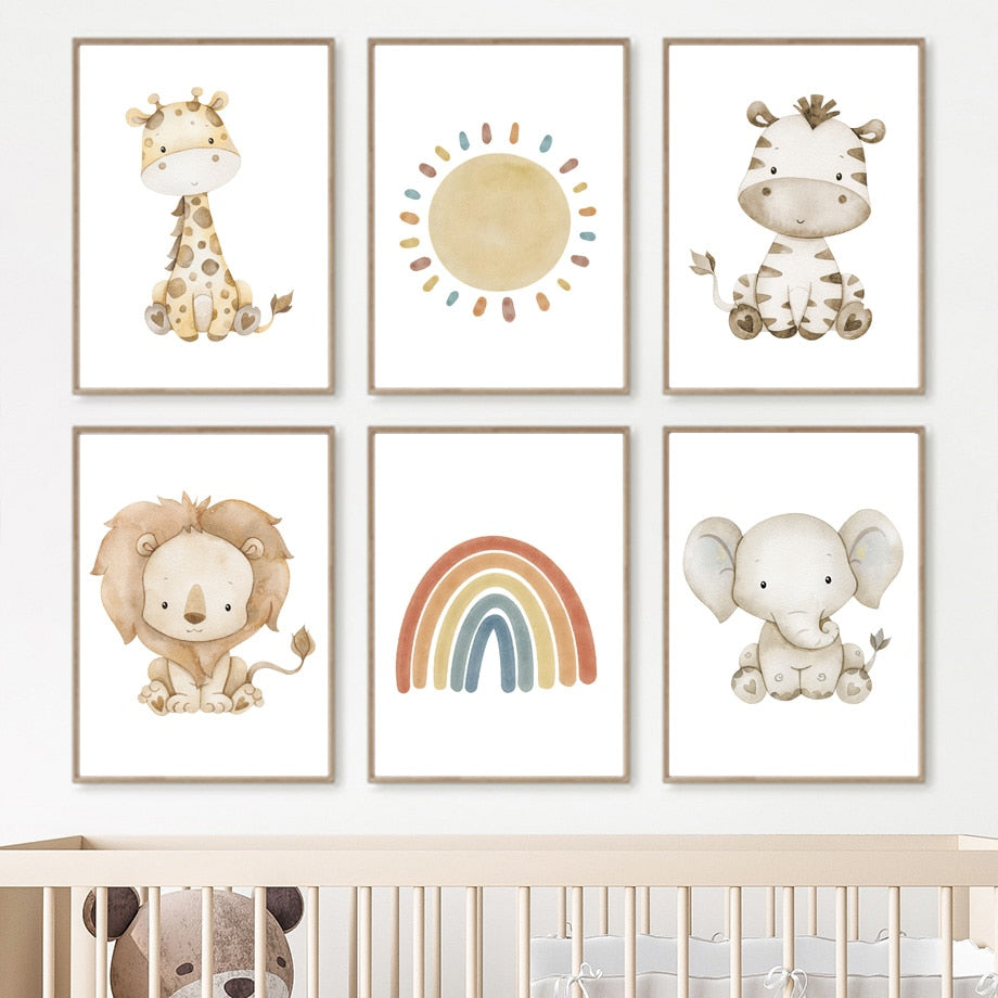 Cute Animal Sun Rainbow Heart Canvas Art