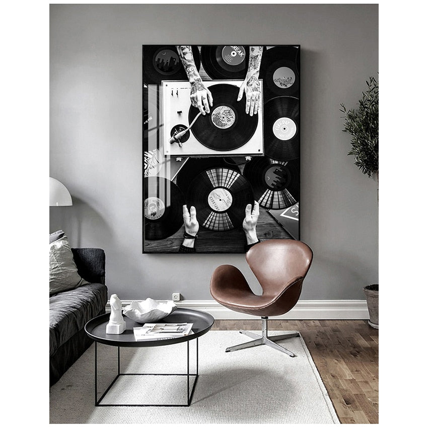 Black and White Vinyl Records Canvas Art