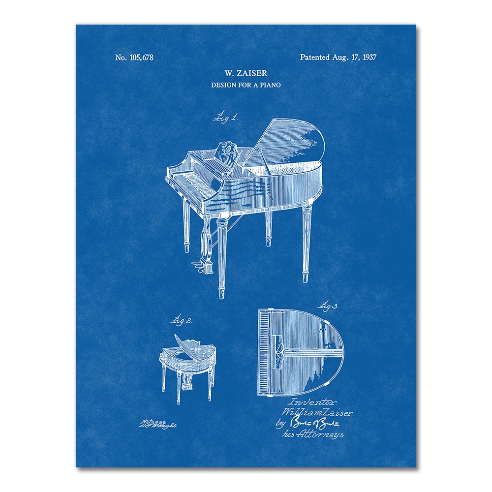 Retro Piano Patent Blueprint Canvas Art