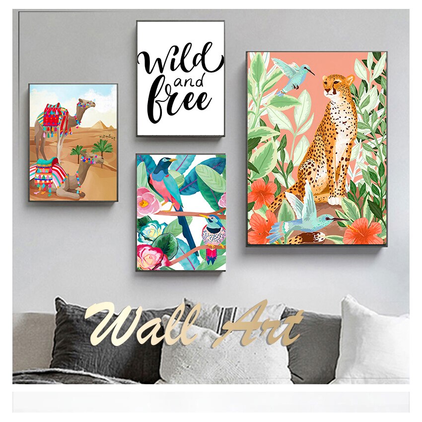 Colorful Cheetah Camel Leopard Parrot Jungle Canvas Art