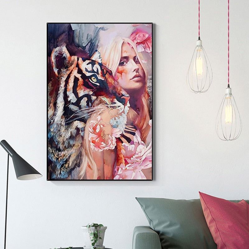 Woman with Tiger Floral Canvas Art