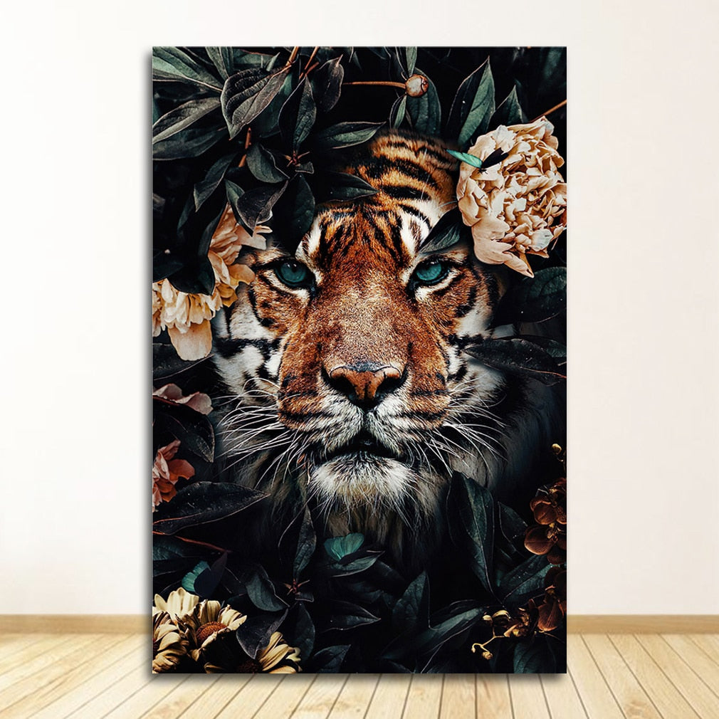 Lion Tiger in Flowers Canvas Art