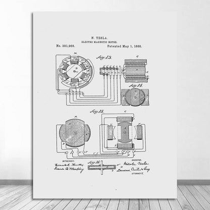 Nikola Tesla Motor Patent Blueprint Canvas Art